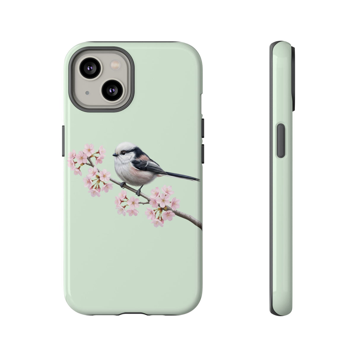 Funda para móvil de carbonero común en verde salvia | Motivo floral de pájaro y flores de cerezo para iPhone y Google Pixel