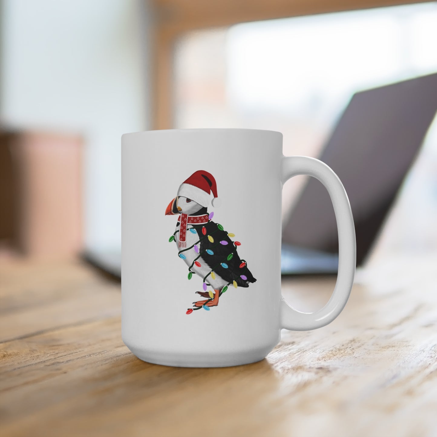 Papageitaucher Tasse Vogel als Weihnachtsmann mit Lichterkette Weiß für Vogelfreunde