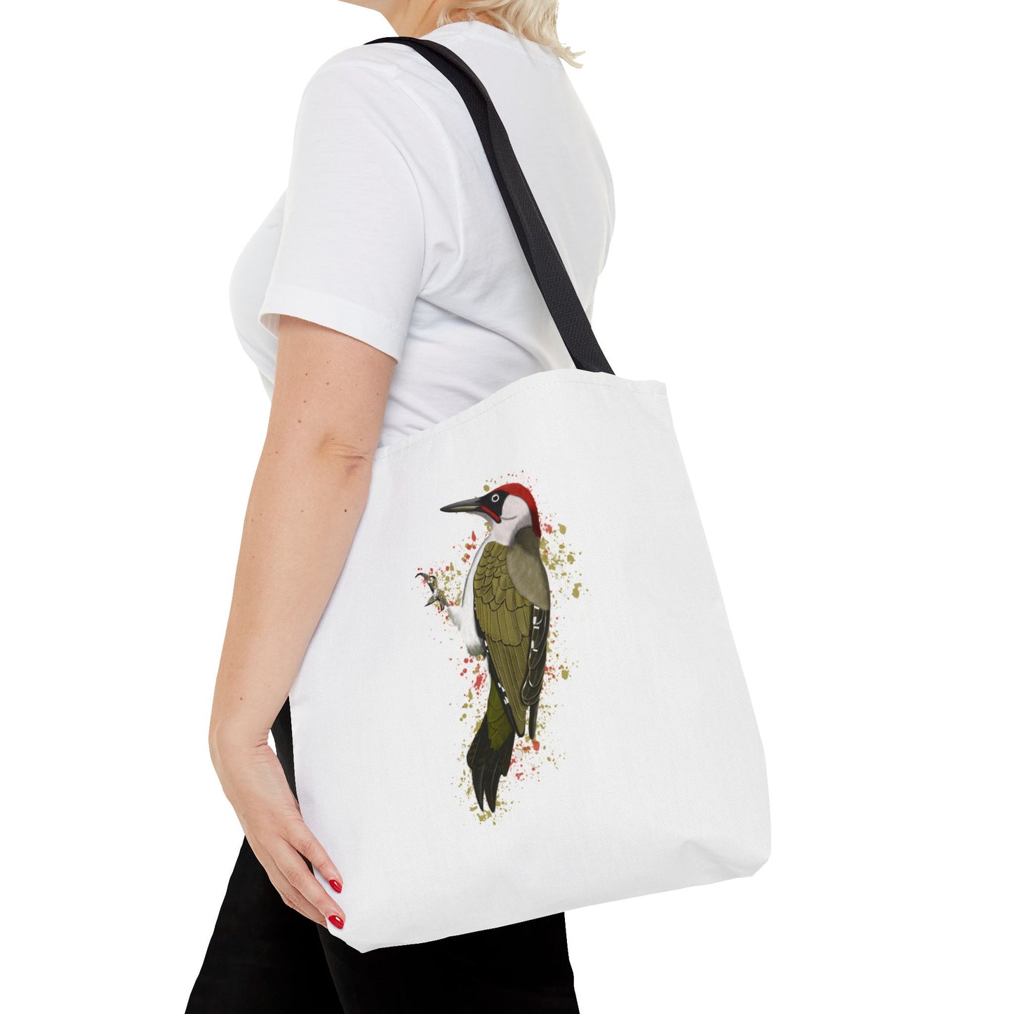Grünspecht Tragetasche 40x40cm Vogel Tasche Weiß für Vogelbeobachter