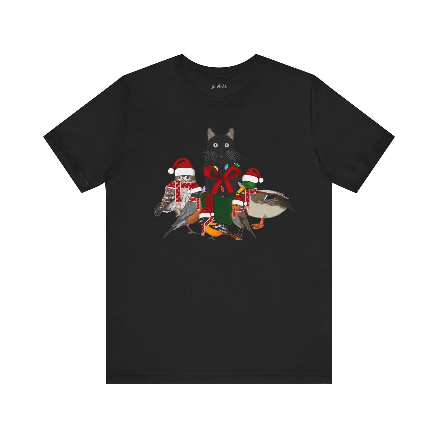 Robin Mallard Oriole Owl with Cat in a Box and Fairy Lights Christmas Bird T-Shirt