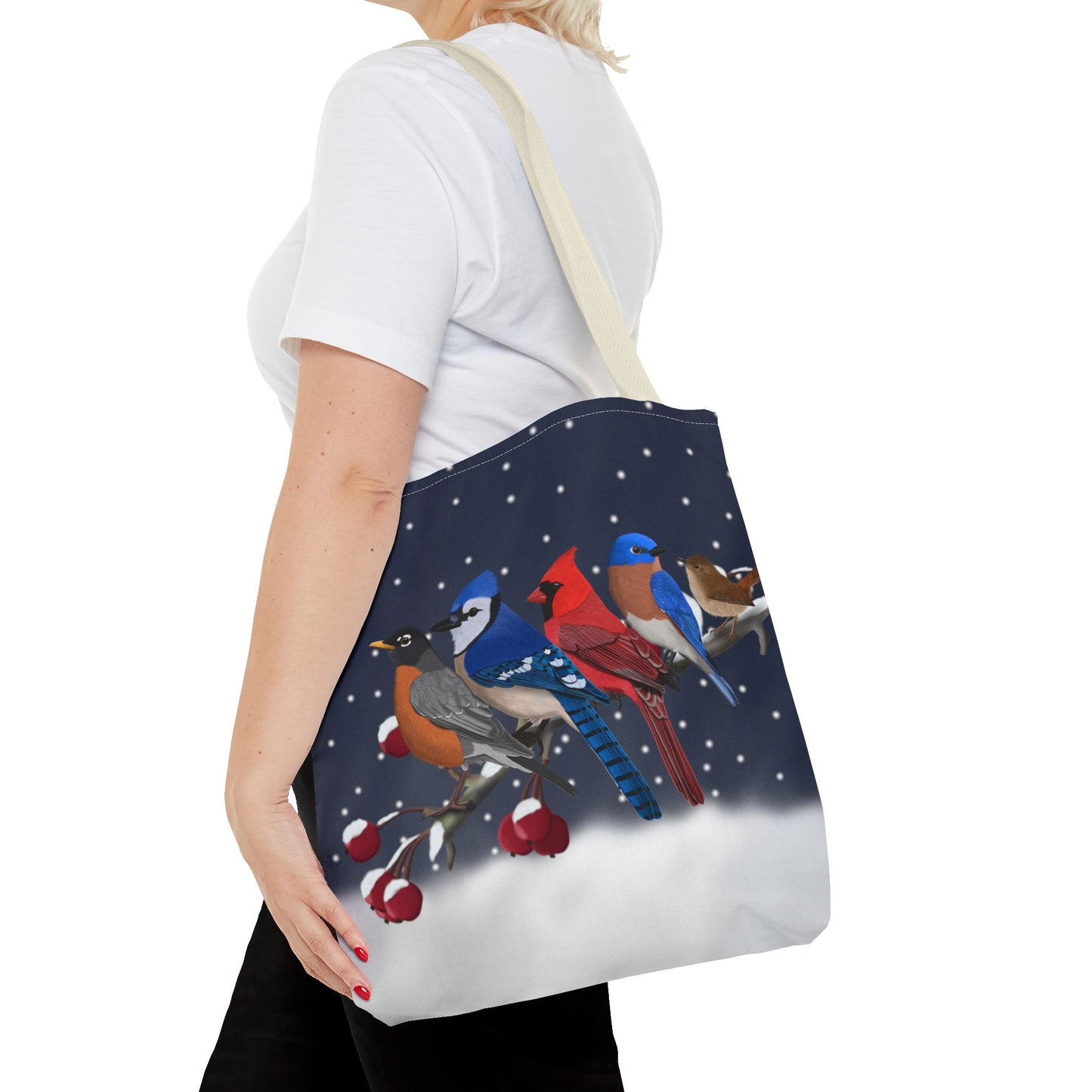 Robin Blue Jay Cardinal Bluebird Wren on a Winter Branch Christmas Bird Tote Bag 16"x16"