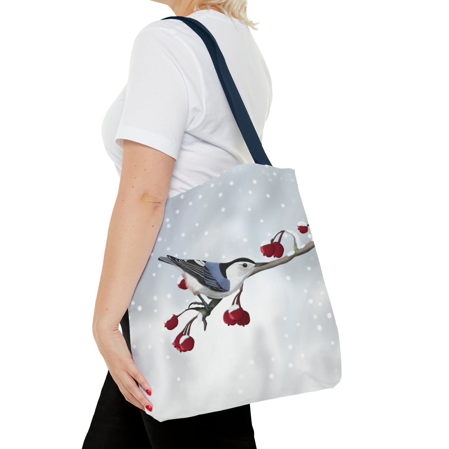 Nuthatch on a Winter Branch Bird Tote Bag 16"x16" - jz.birds