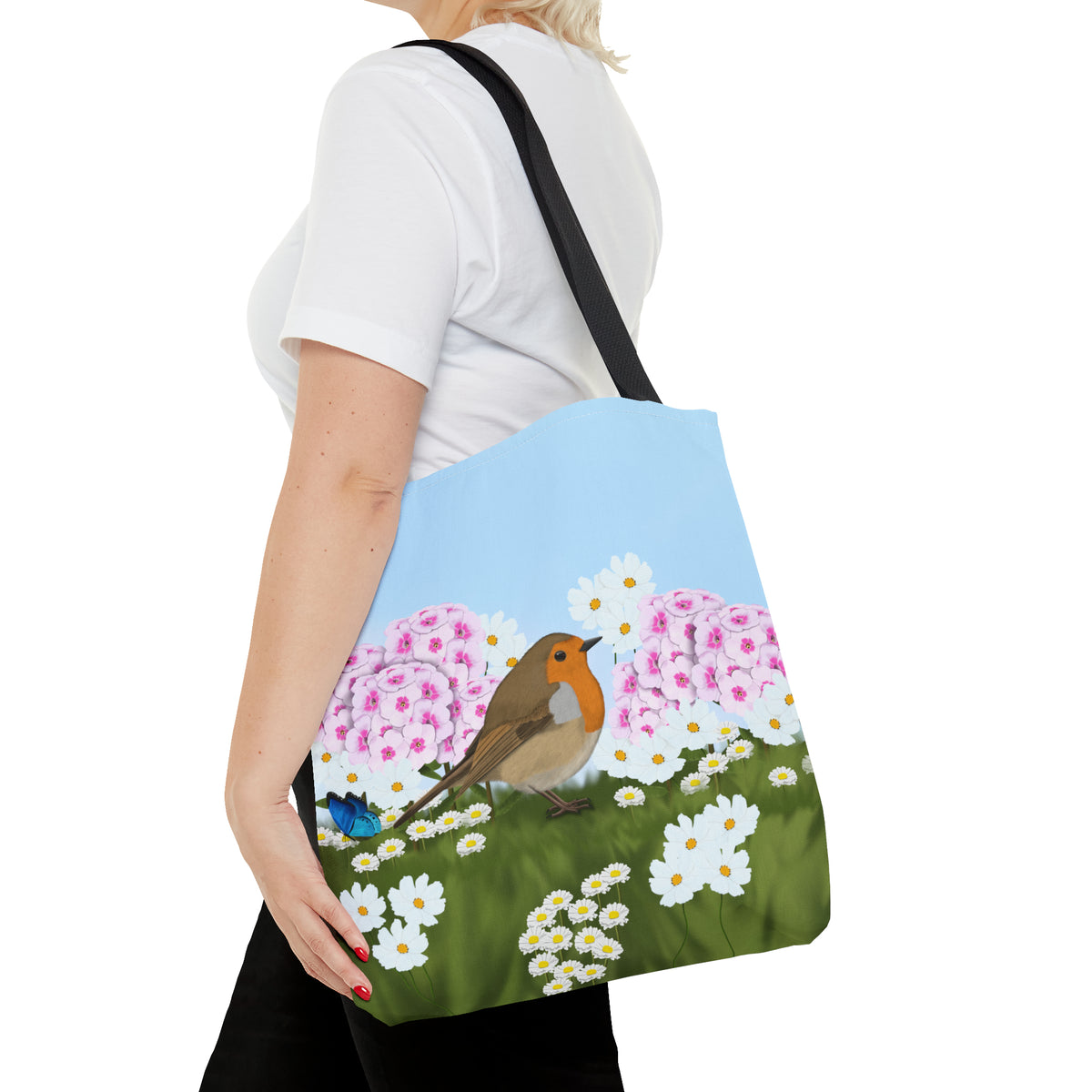 Robin in Summer Flowers Bird Tote Bag 16"x16" - jz.birds