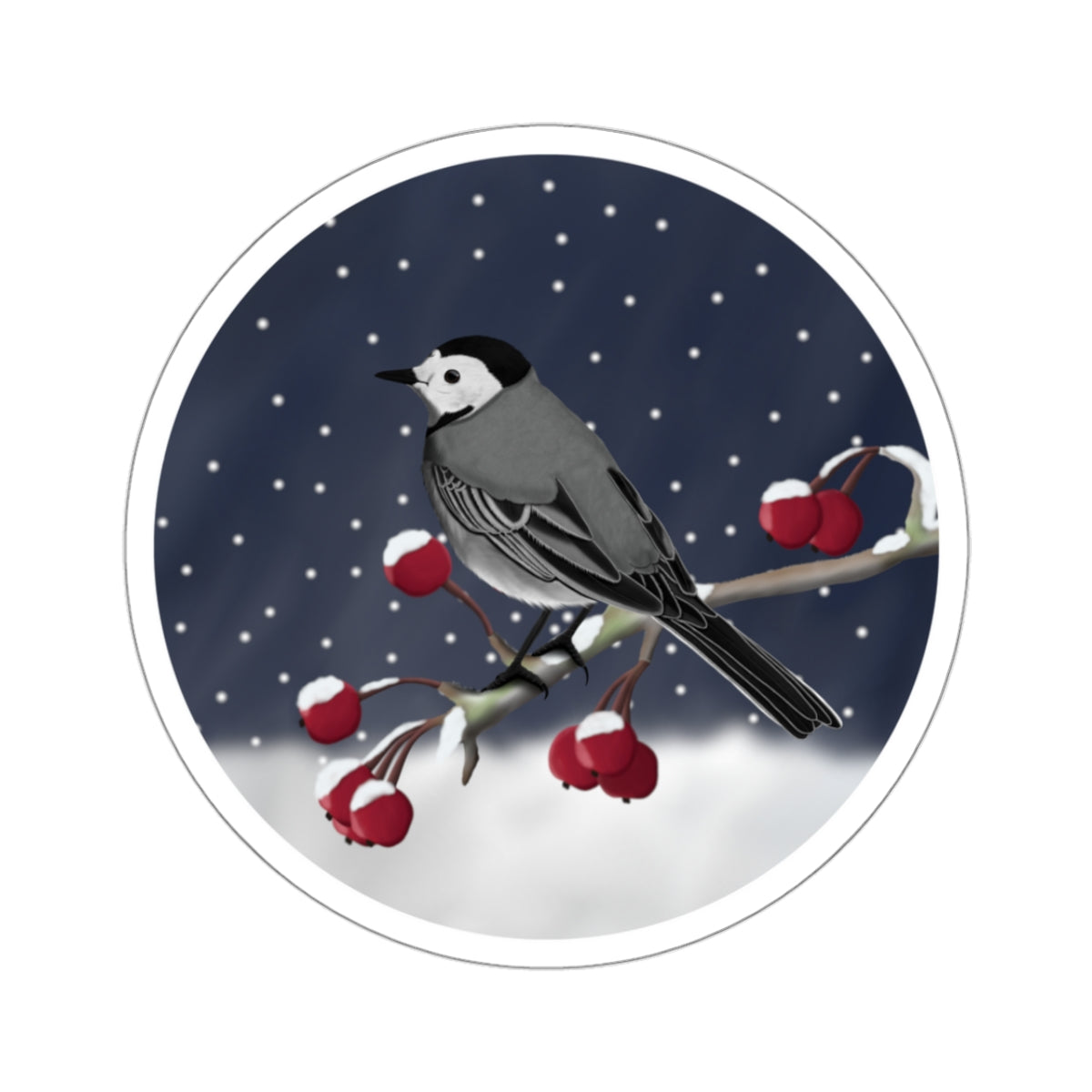 White Wagtail on a Winter Branch Christmas Bird Sticker – Paper products