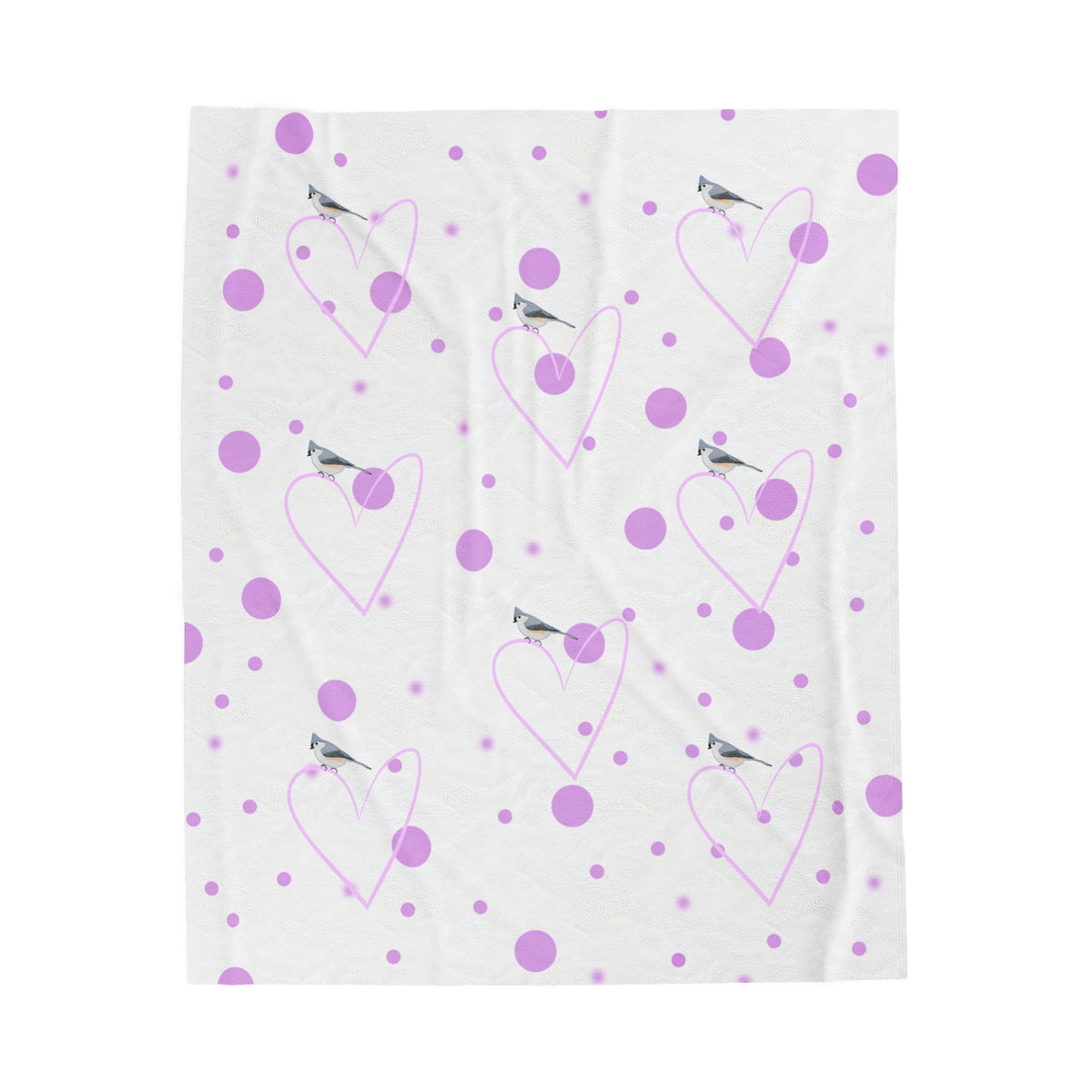 Tufted Titmouse Sofa Blankets – Valentine's Day Bird Velveteen Plush Blanket Pink Hearts and Dots