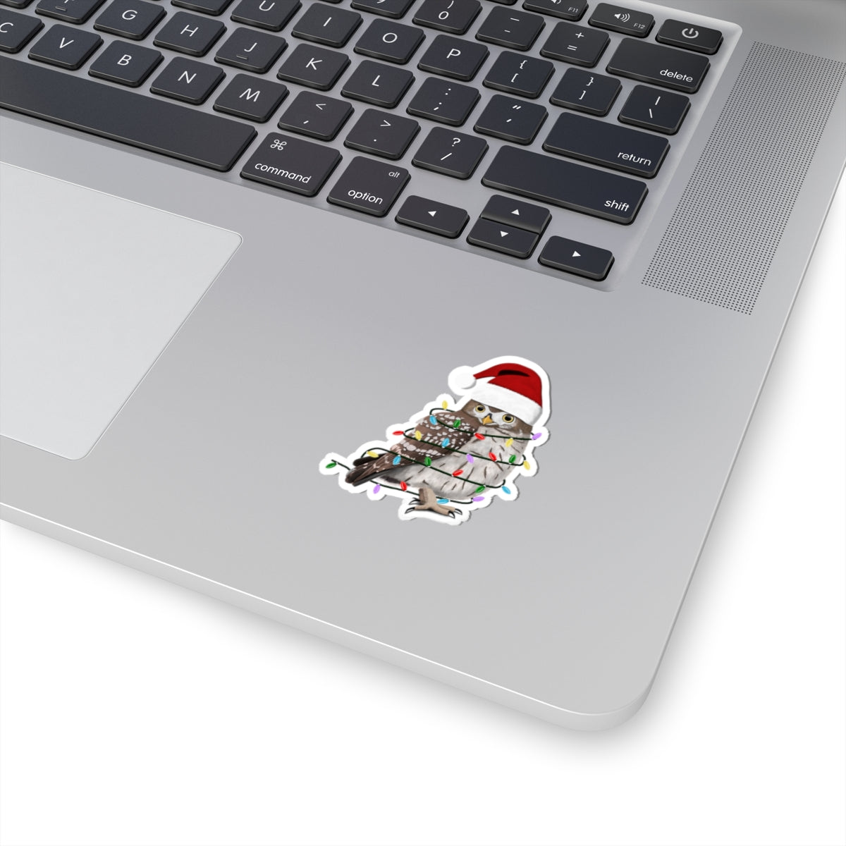Owl with Fairy Lights Santa Claus Hat and Scarf Christmas Bird Sticker