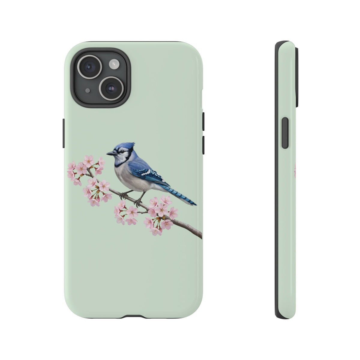 Blauhäher Handyhülle in Salbeigrün | Florales Kirschblüten Vogel-Motiv für iPhone & Google Pixel