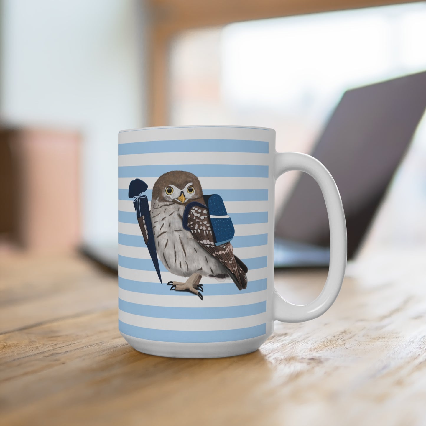 Eule Vogel Tasse als Geschenk zur Einschulung Blau Weiß