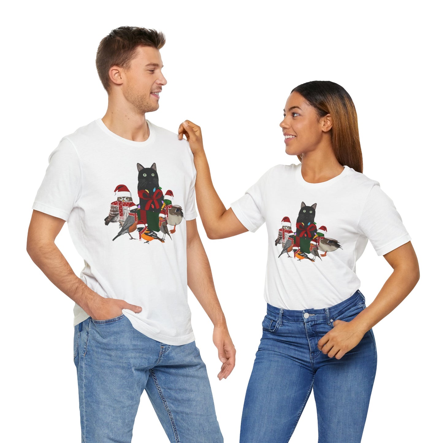 Robin Mallard Oriole Owl with Cat in a Box and Fairy Lights Christmas Bird T-Shirt