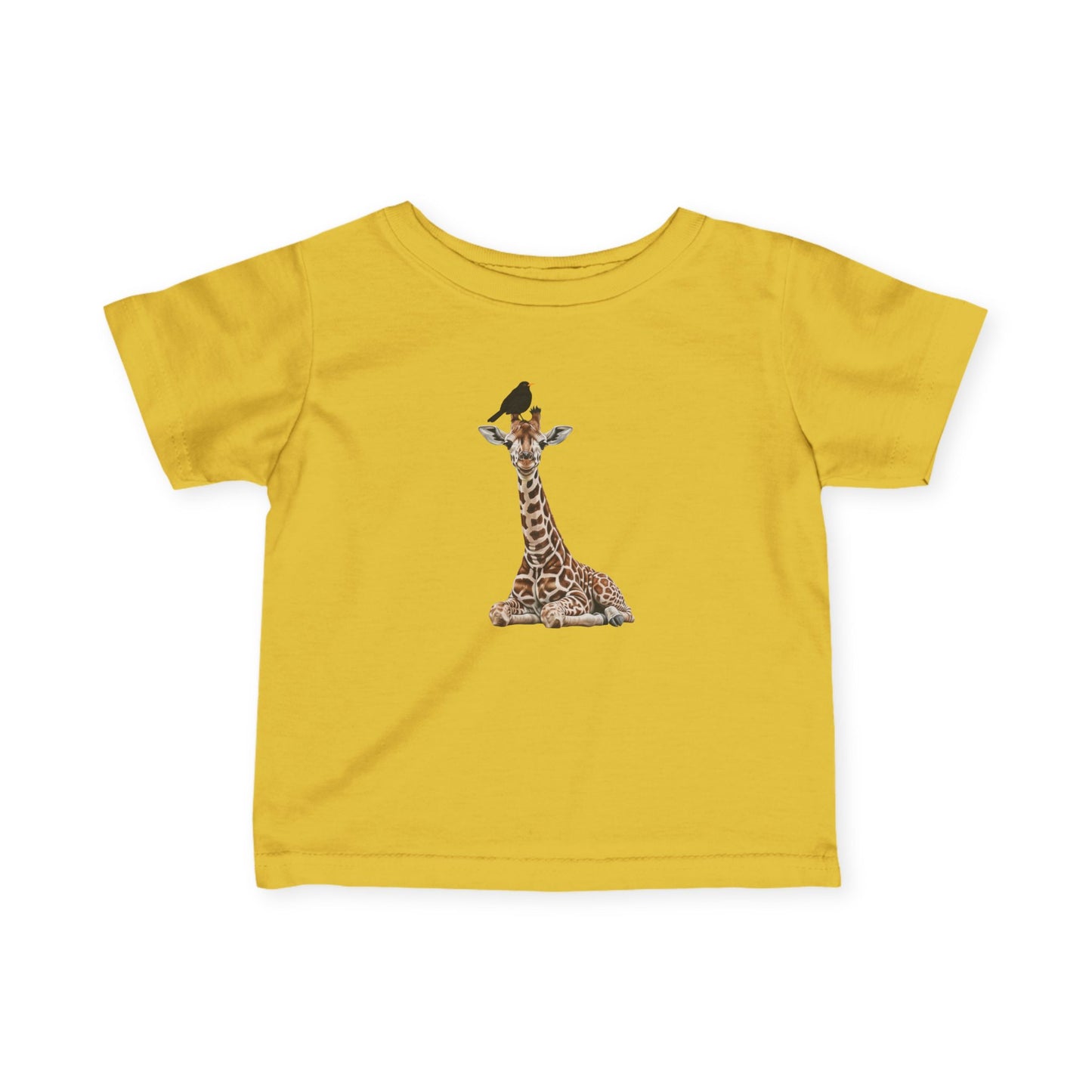 Süße Baby Giraffe mit Amsel Vogel Tiermotiv T-Shirt für Babys und Kleinkinder