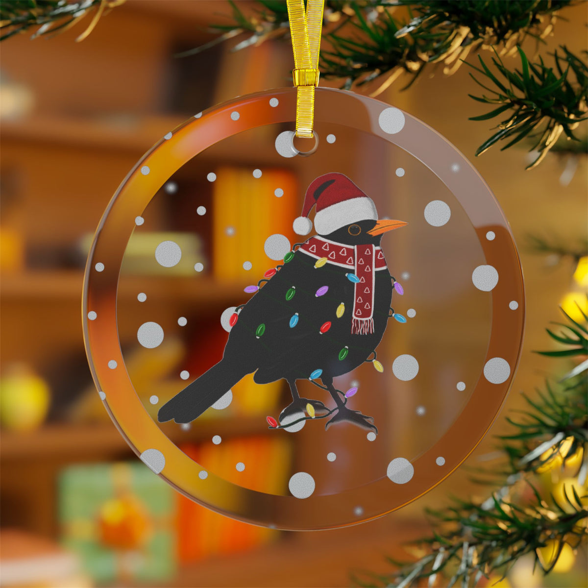 Blackbird as Santa Claus with Fairy Lights Christmas Glass Ornament Ornaments –