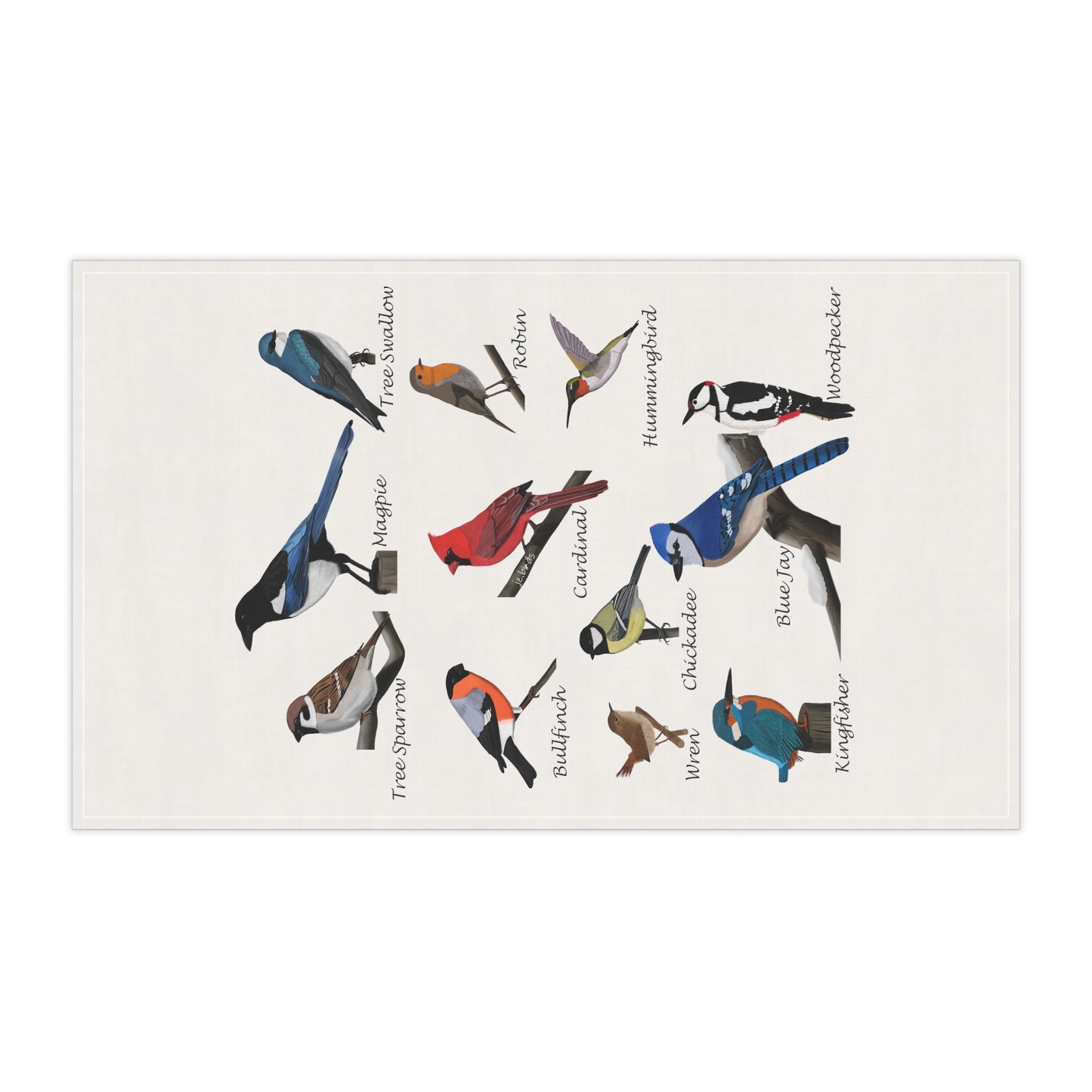 Backyard Birds Blue Jay Cardinal Hummingbird Bird Art Kitchen Towel White 18" × 30"