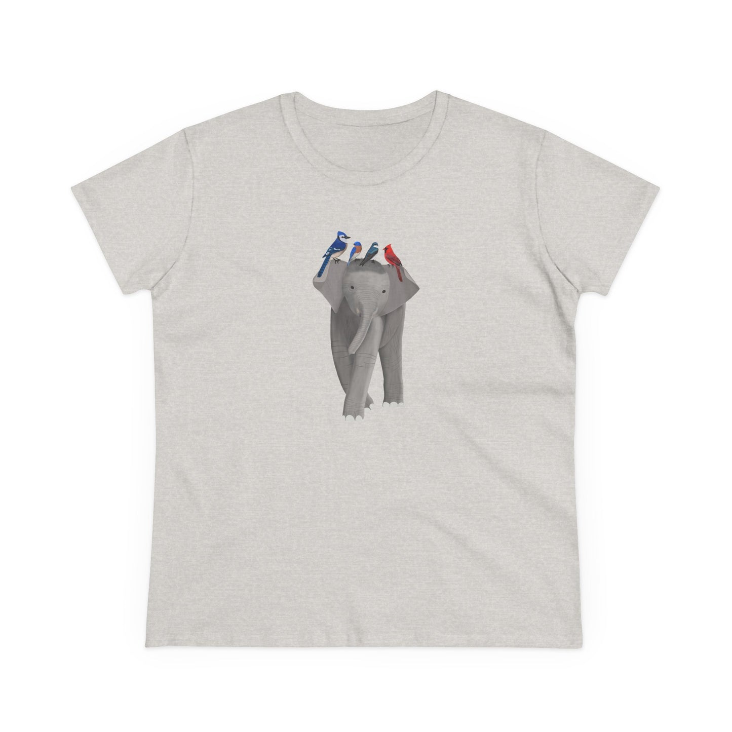 Elephant with Birds Blue Jay Cardinal Bluebird Design for Birdwatchers and Bird Lovers Women's T-Shirt