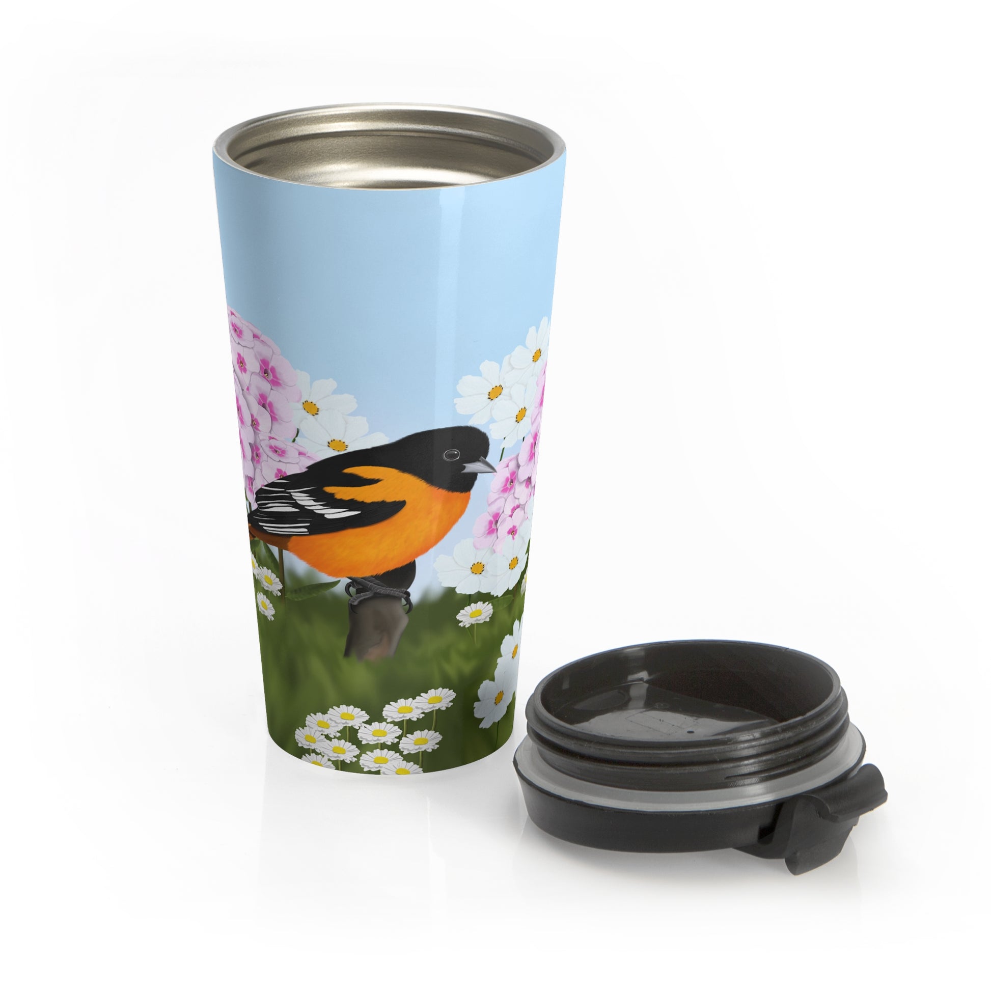 Baltimore Oriole Summer Flowers Bird Stainless Steel Travel Mug 15oz - jz.birds