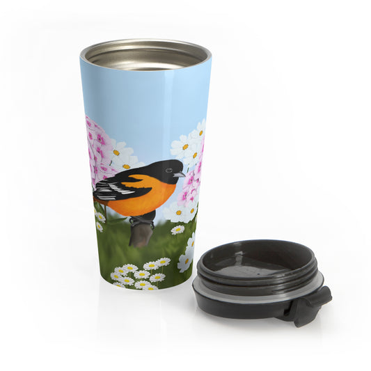 Baltimore Oriole Summer Flowers Bird Stainless Steel Travel Mug 15oz - jz.birds