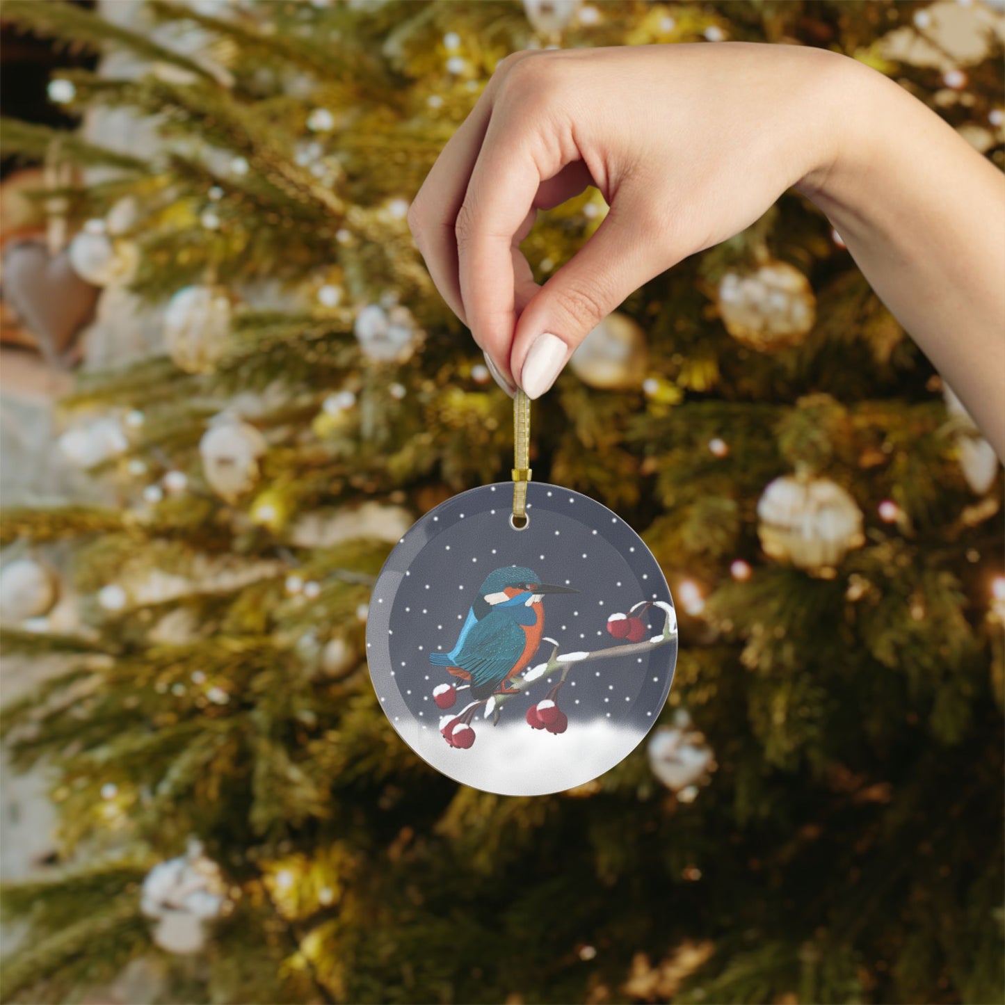 Kingfisher on a Winter Branch Christmas Bird Glass Ornament