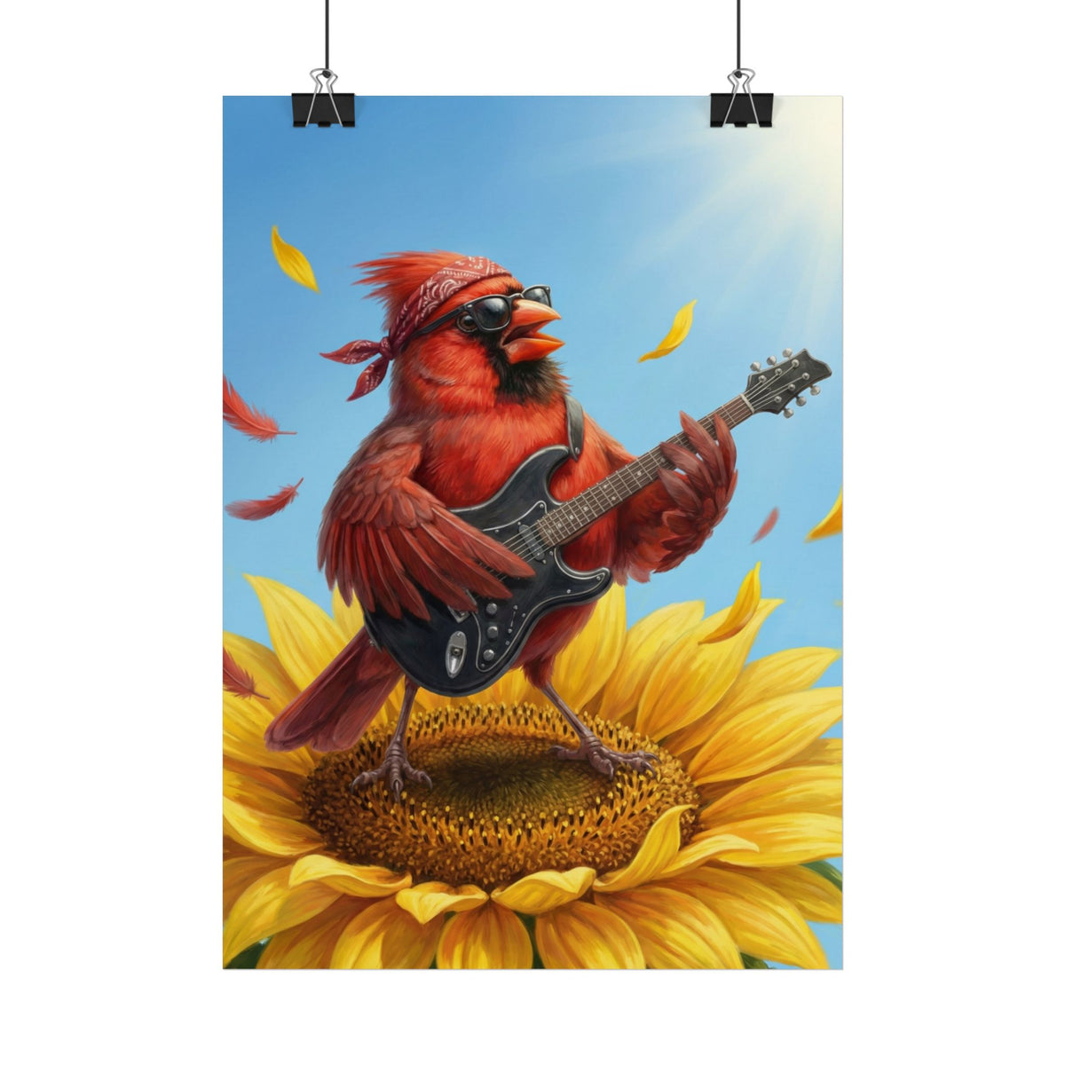 Star Vogel Poster – Rockstar Kinderzimmer – Roter Kardinal auf Sonnenblume mit Gitarre | Wandbild Kinder Deko