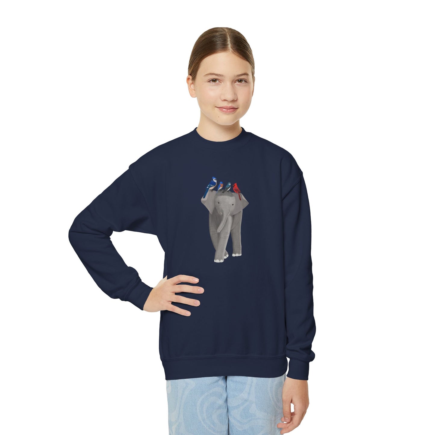 Elephant with Blue Jay Cardinal Bluebird Tree Swallow Bird Youth Crewneck Sweatshirt