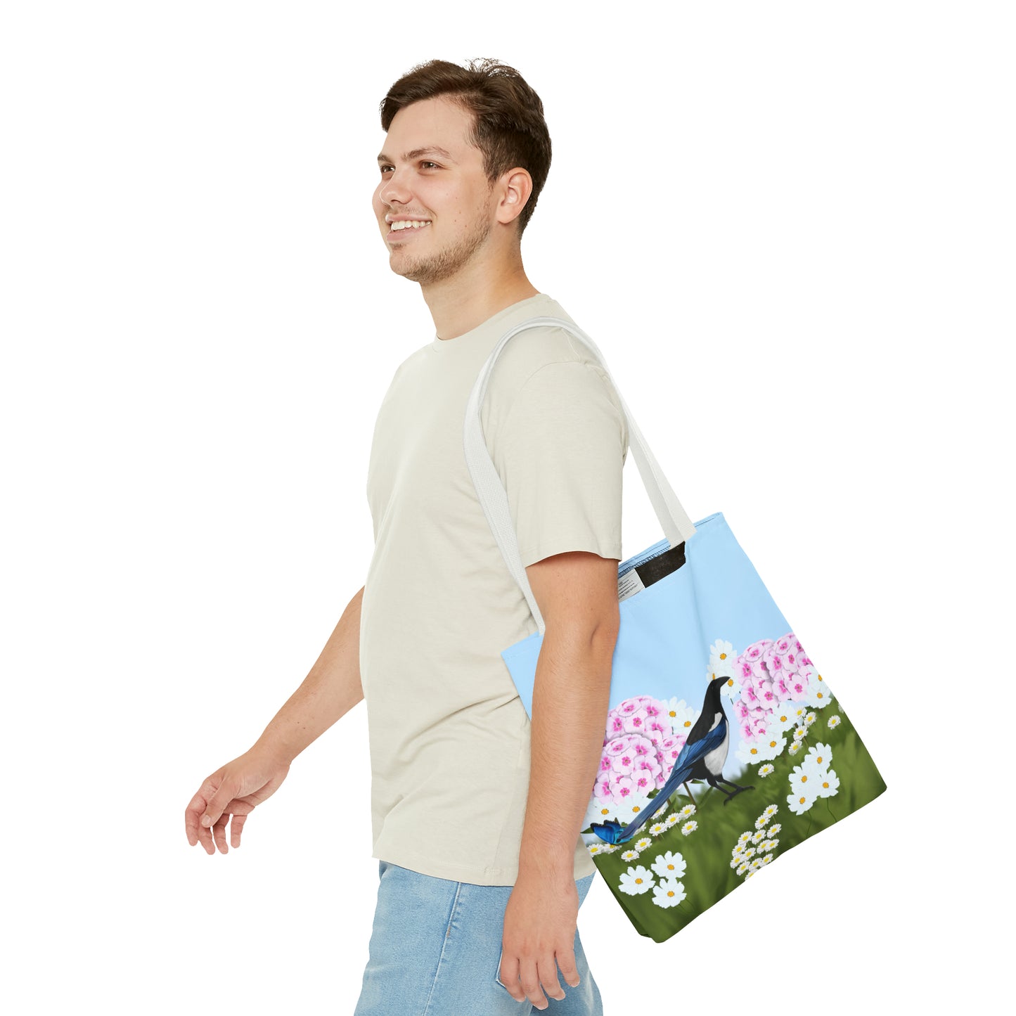 Magpie in Summer Flowers Bird Tote Bag 16"x16" - jz.birds