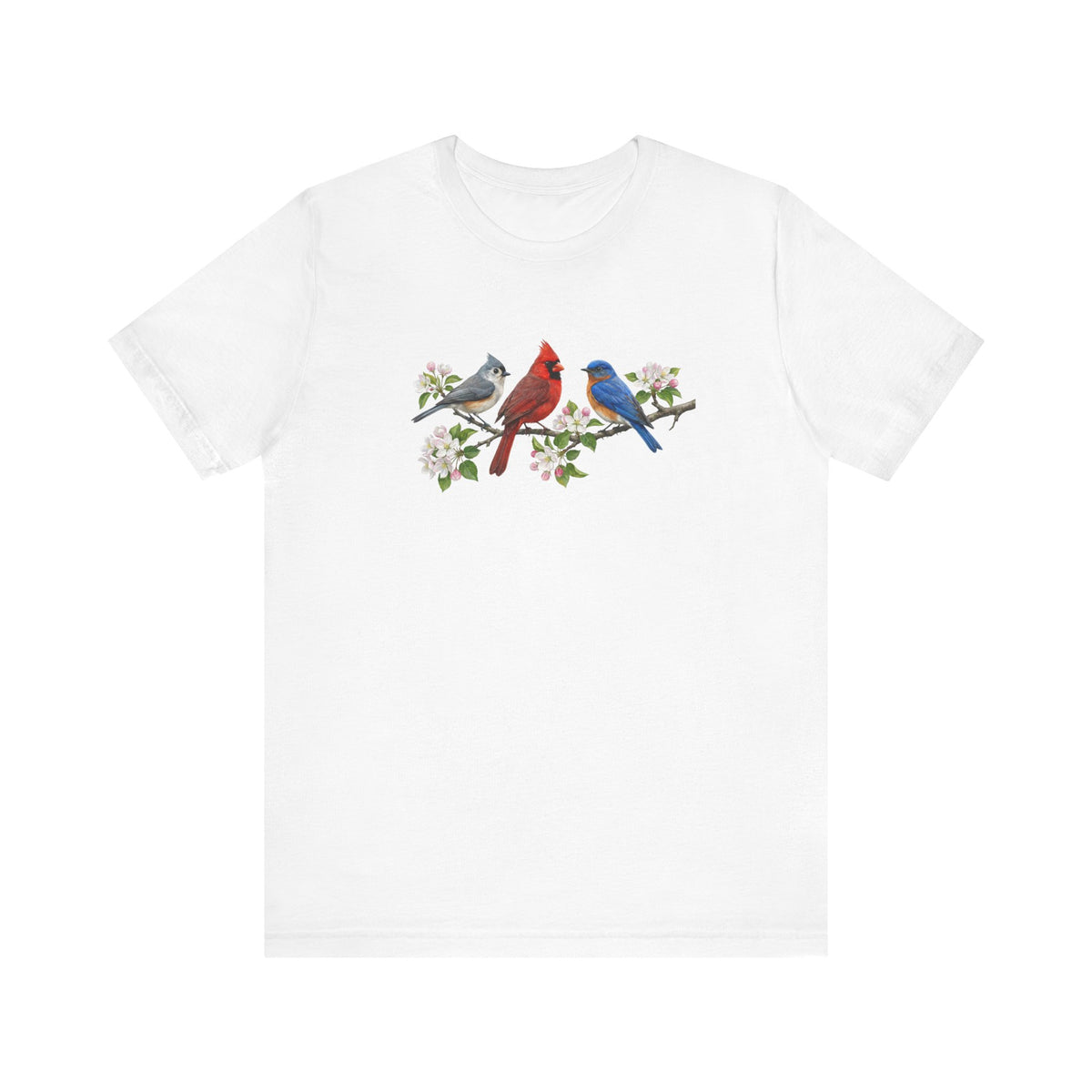 Tufted Titmouse, Cardinal & Bluebird Apple Blossoms – Floral Bird Lover Gift T-Shirt –