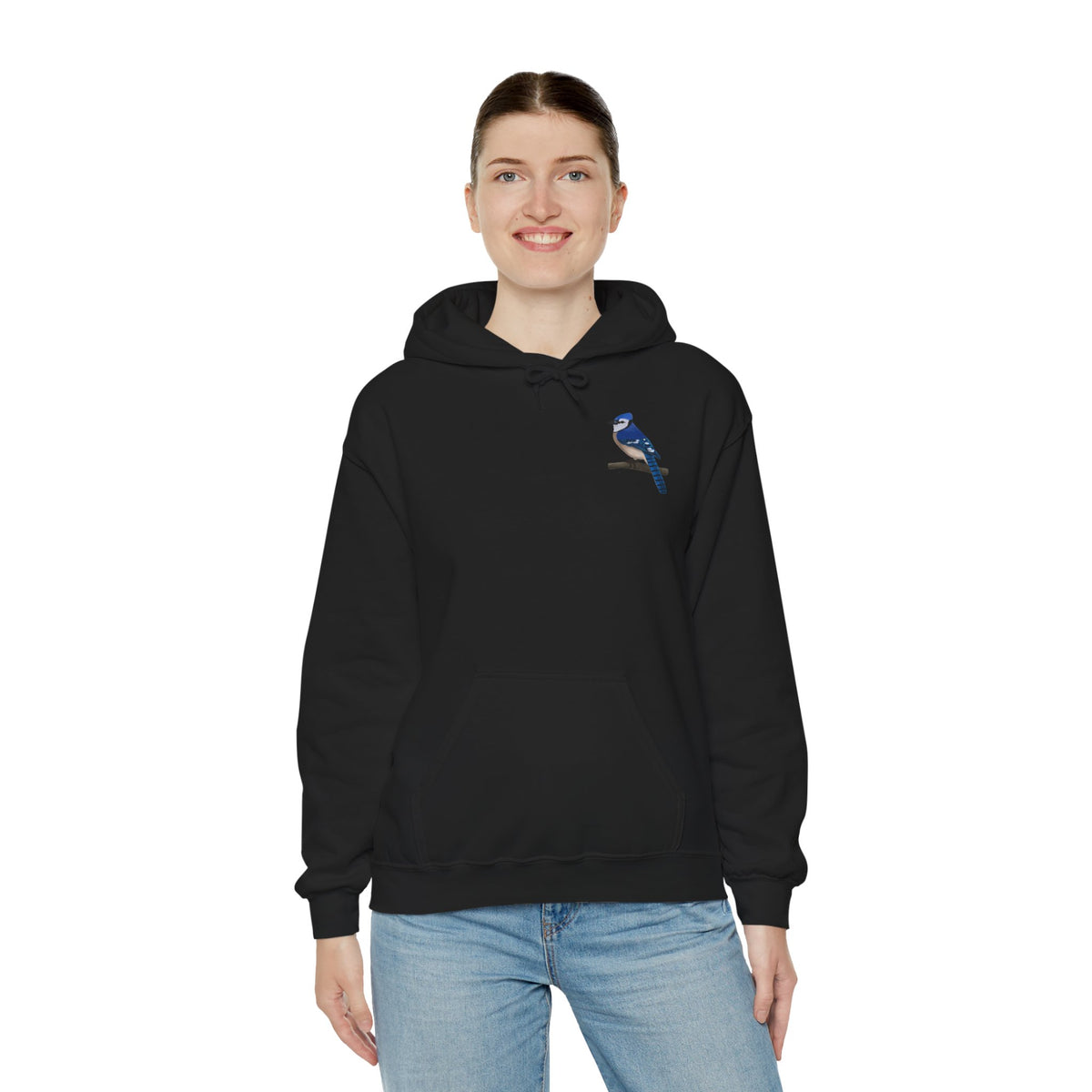 Blauhäher (Blue Jay) Kapuzenpullover – Minimalistischer Hoodie mit Vogelmotiv auf Ast
