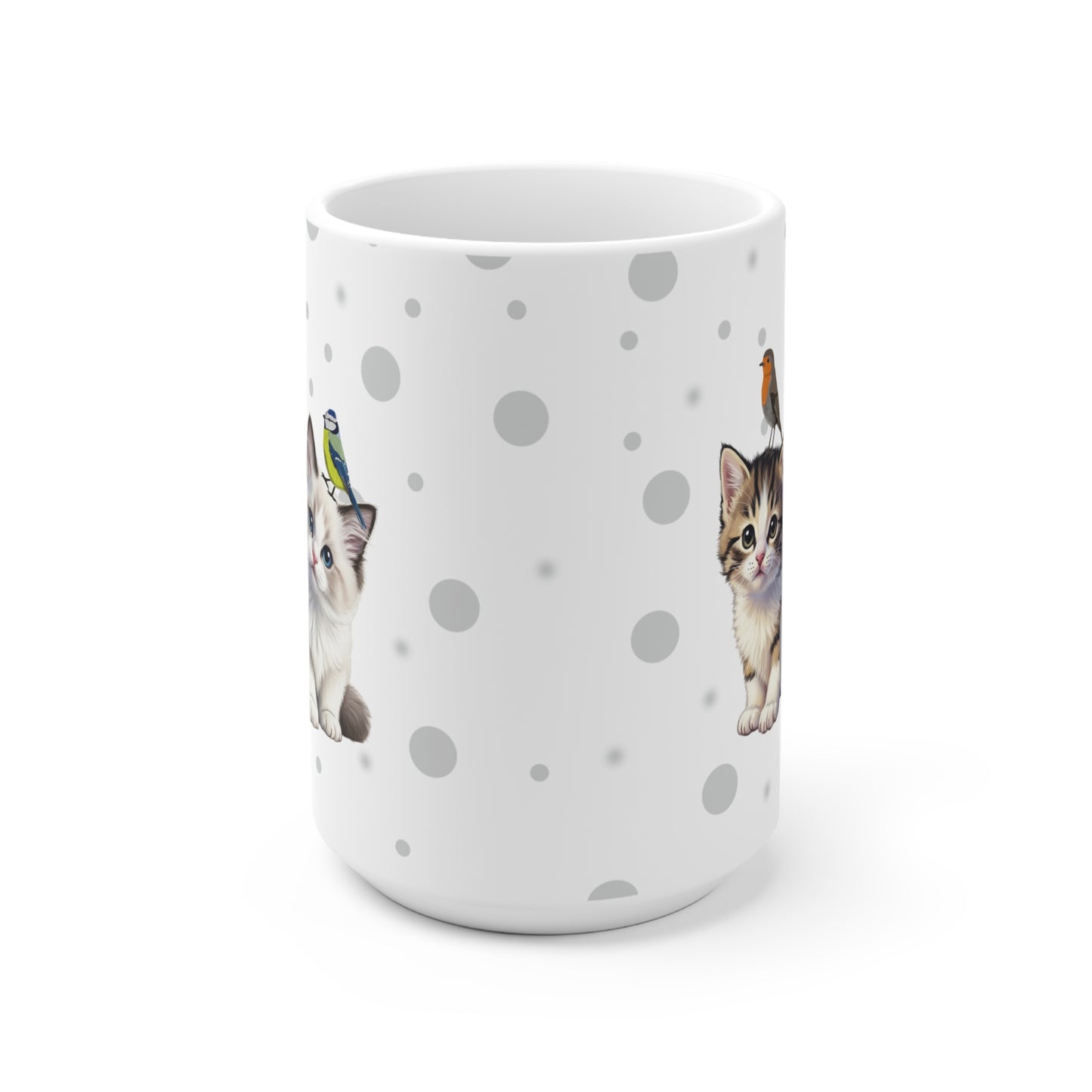 Katzenbabys Kätzchen Tasse mit Rotkehlchen und Blaumeise Tiermotiv Punkte Grau