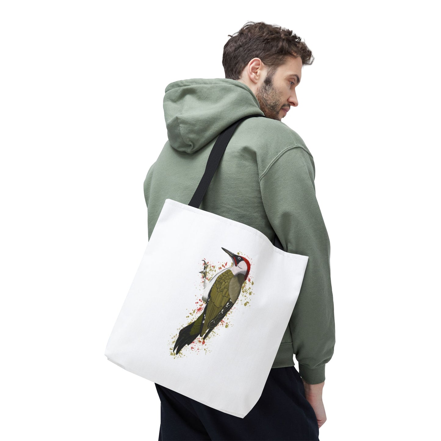 Grünspecht Tragetasche 40x40cm Vogel Tasche Weiß für Vogelbeobachter