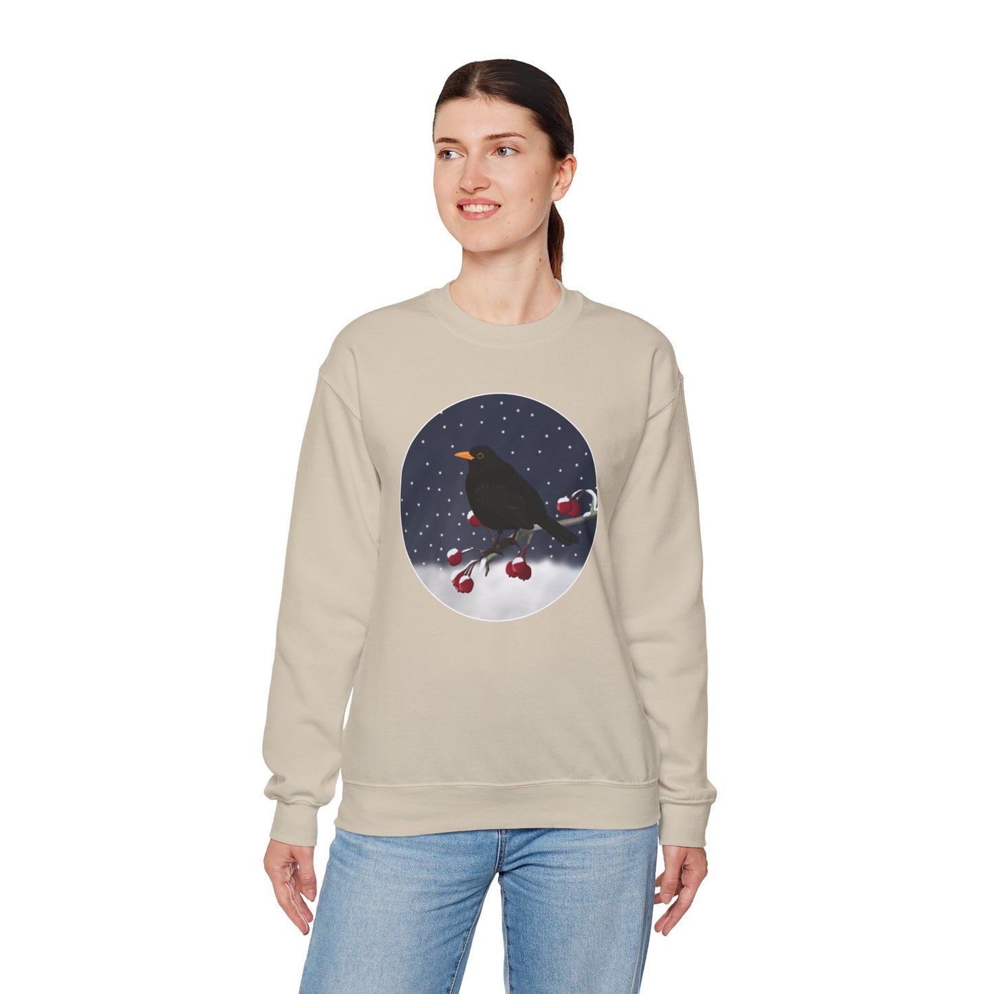 Blackbird on a Winter Branch Birdwatcher Christmas Bird Sweatshirt