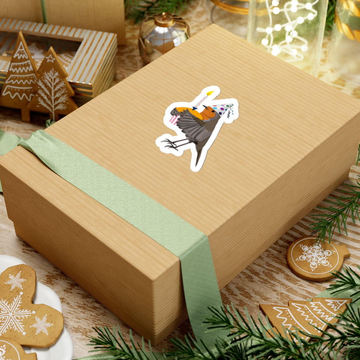 Robin with Muffin Birthday Bird Kiss-Cut Sticker - jz.birds