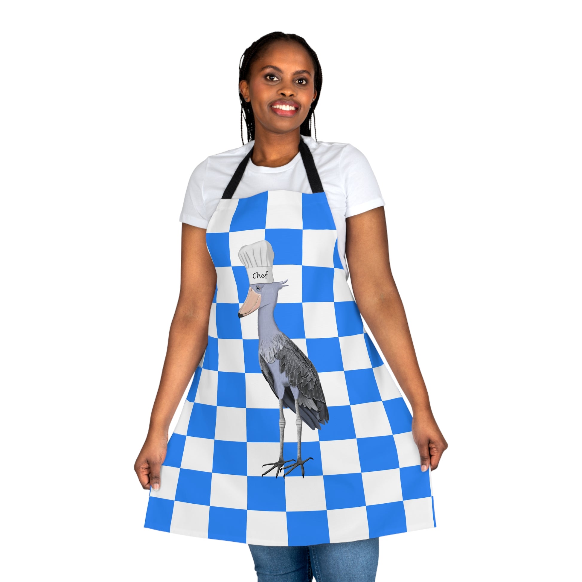Shoebill Kitchen Chef Bird Art Apron Blue and White Checkered - jz.birds