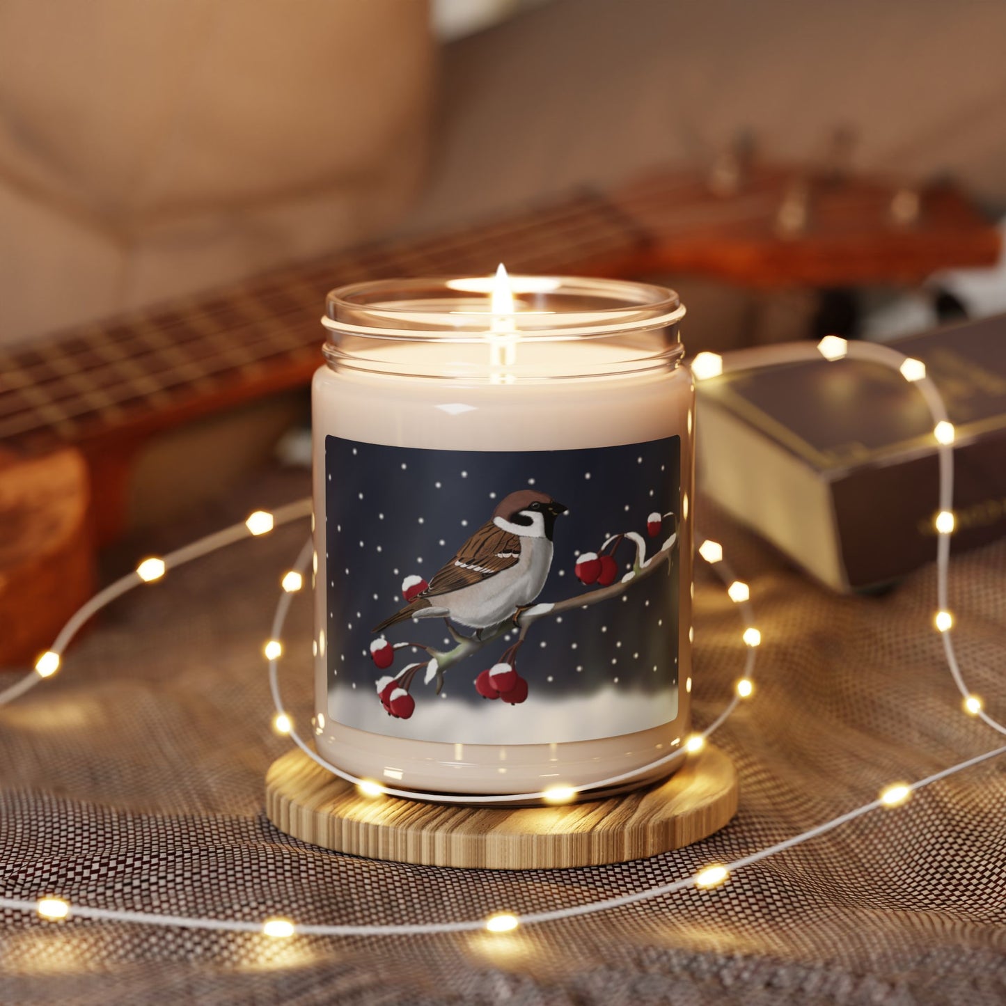 Tree Sparrow on a Winter Branch Christmas Bird Art Scented Soy Candle, 9oz