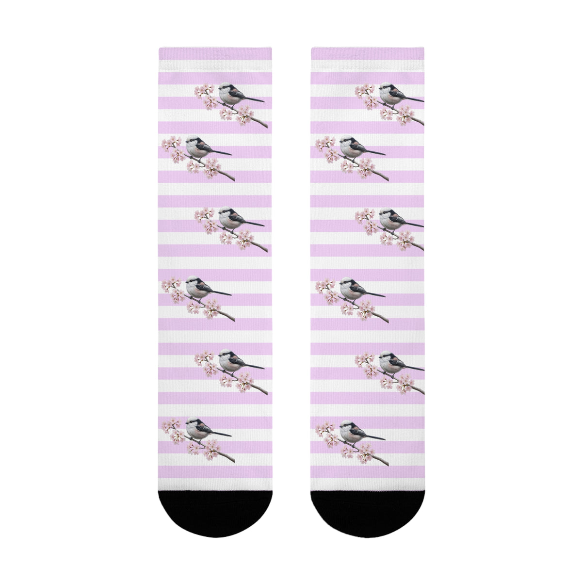 Schwanzmeise Socken mit Kirschblüten | Weiß Rosa gestreifte Vogelmotiv Strümpfe – Accessories,
