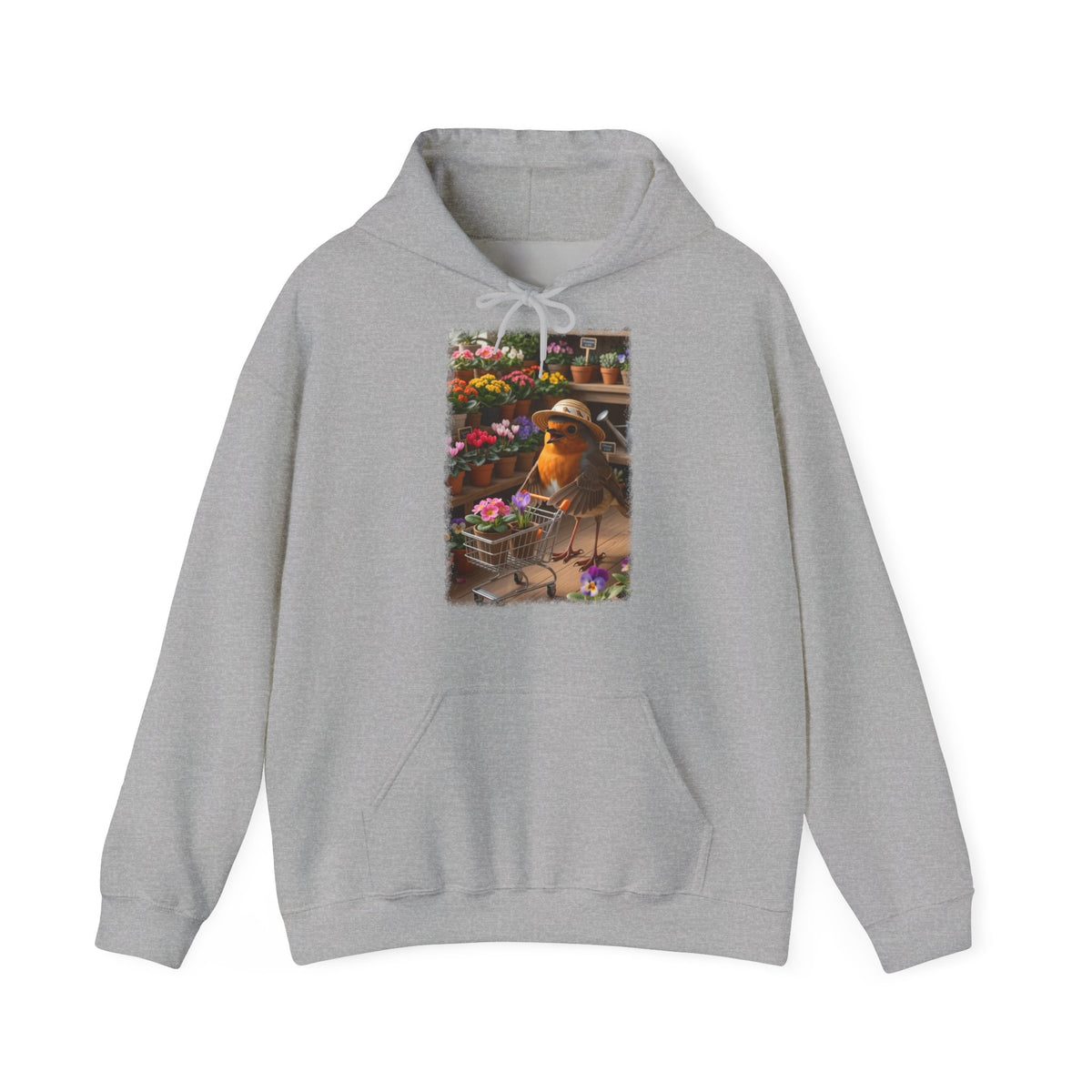 Lustiger Rotkehlchen Hoodie mit Blumen-Einkaufswagen | Süßer Vogel Kapuzenpullover für Pflanzenfans