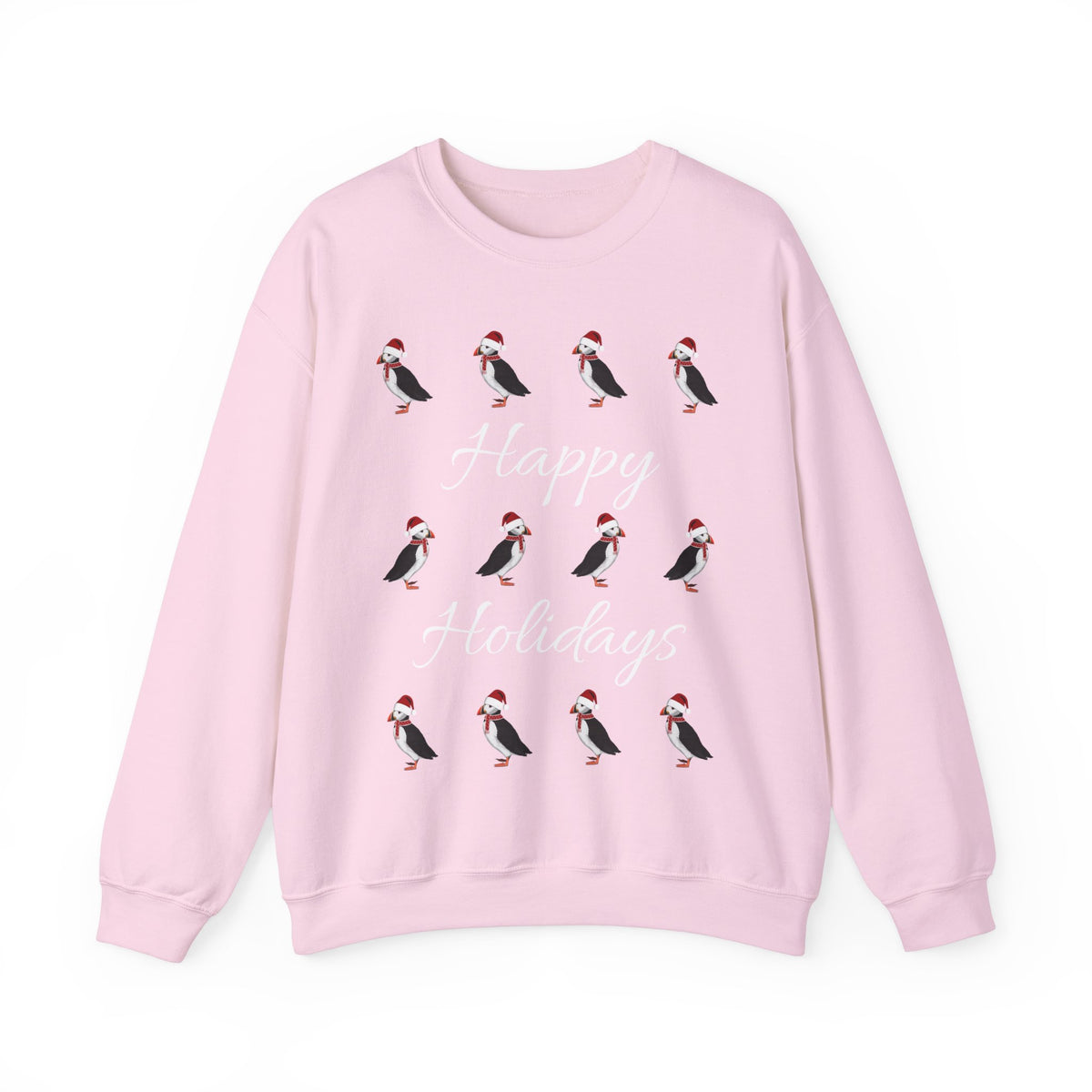 Puffin as Santa with Hat and Scarf Happy Holidays Birdwatcher Christmas Bird Sweatshirt –