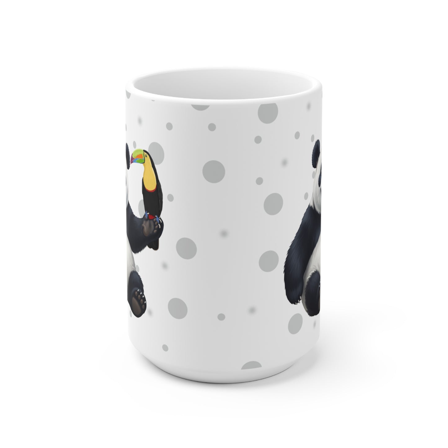 Tukan mit einem fröhlichen Panda Vogel Tiermotiv Tasse Punkte Grau