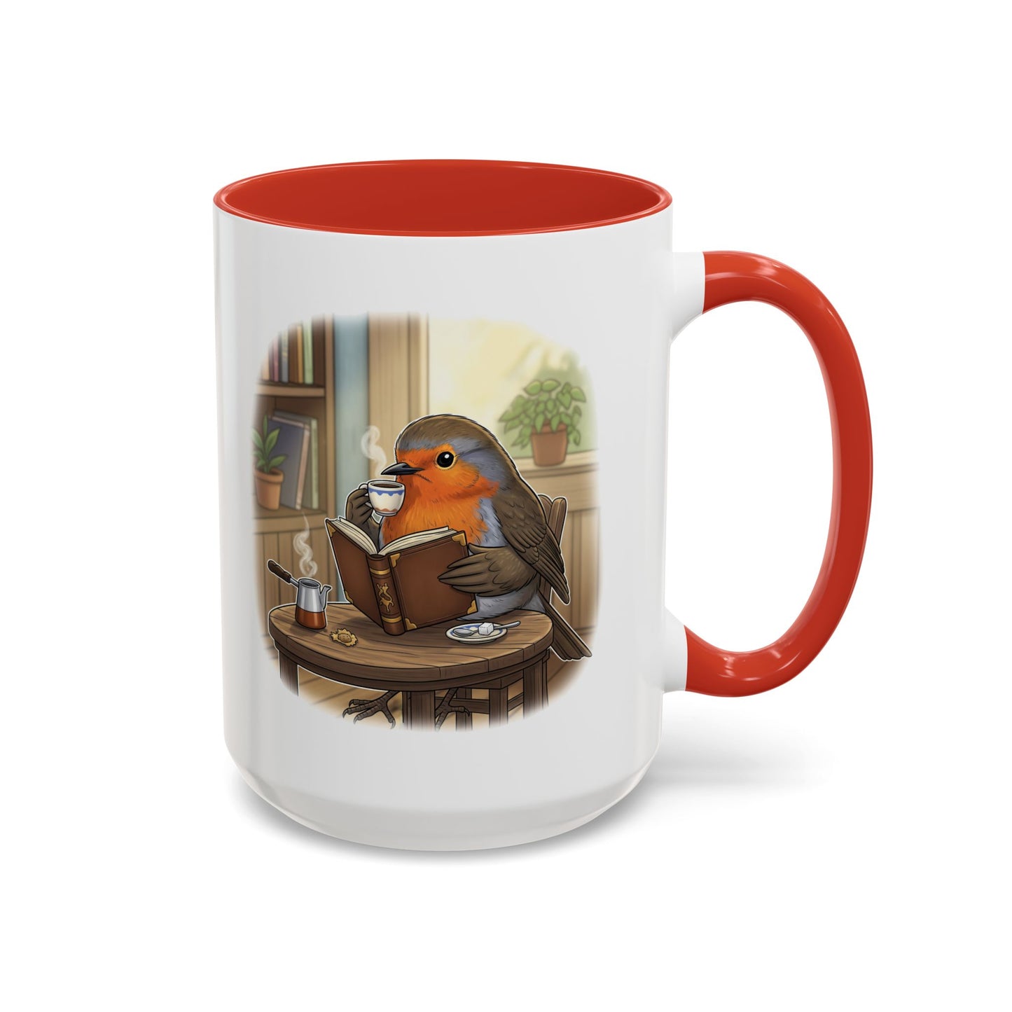 Robin Reads Books and Drinks Coffee Bird Mug for Bird and Book Lovers
