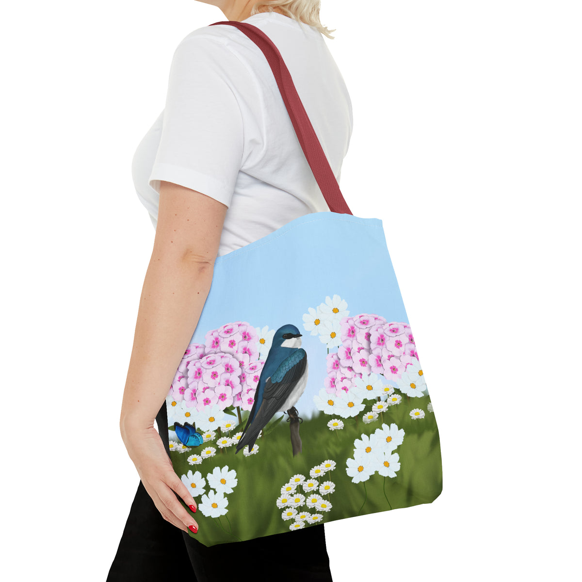 Tree Swallow in Summer Flowers Bird Tote Bag 16"x16" - jz.birds