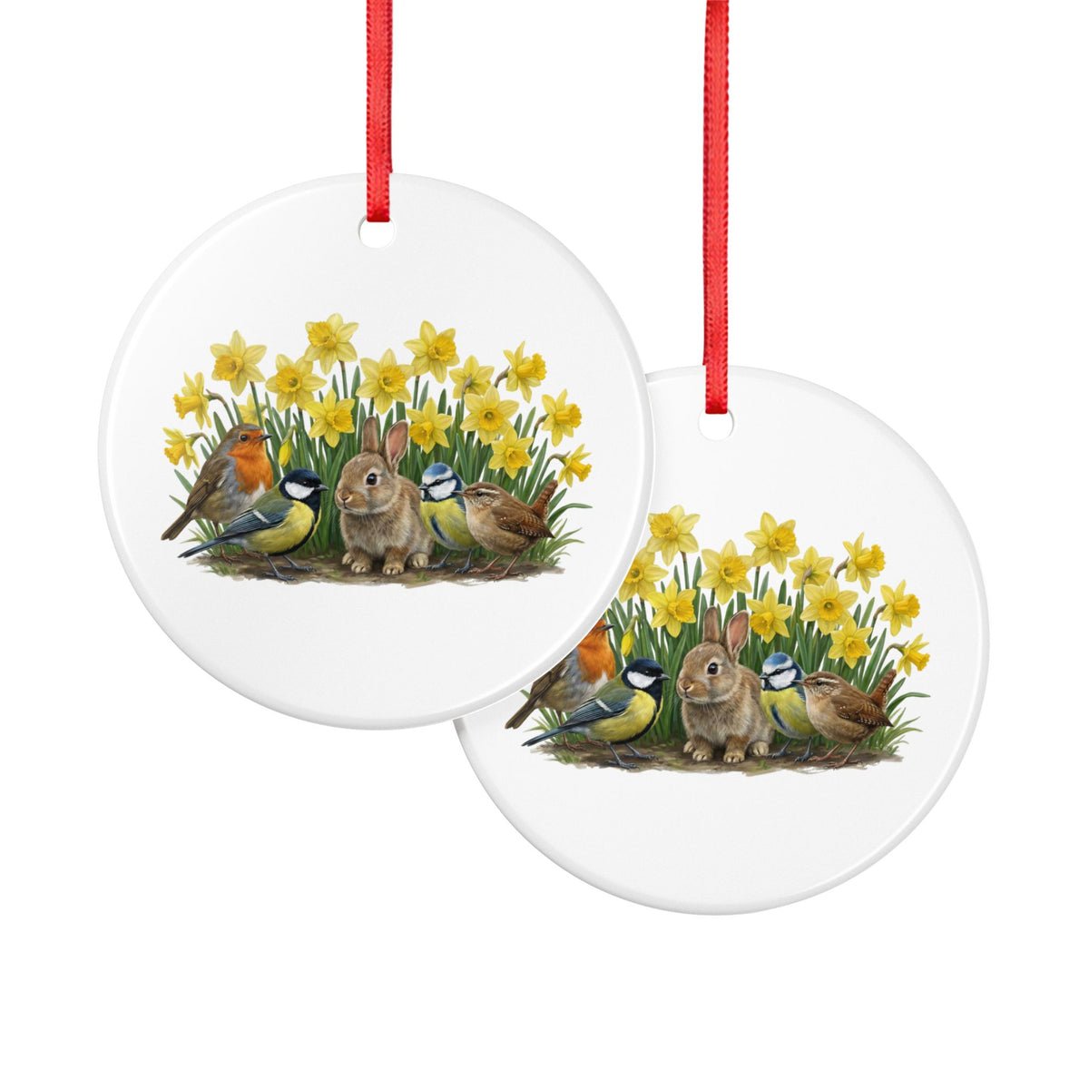 Codirosso Cinciarella e Codirossino con coniglio e campanule di Pasqua - Ornamento in ceramica premium