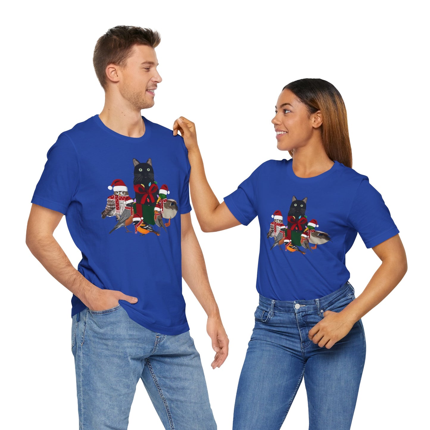 Robin Mallard Oriole Owl with Cat in a Box and Fairy Lights Christmas Bird T-Shirt