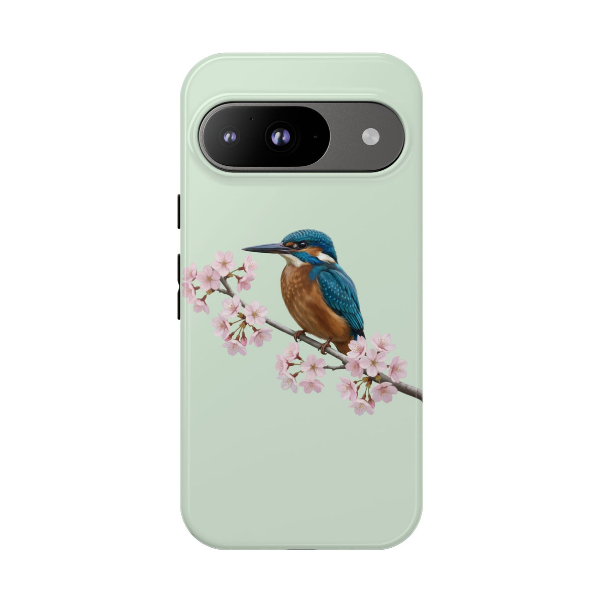 Eisvogel Handyhülle in Salbeigrün | Florales Kirschblüten Vogel-Motiv für iPhone & Google Pixel