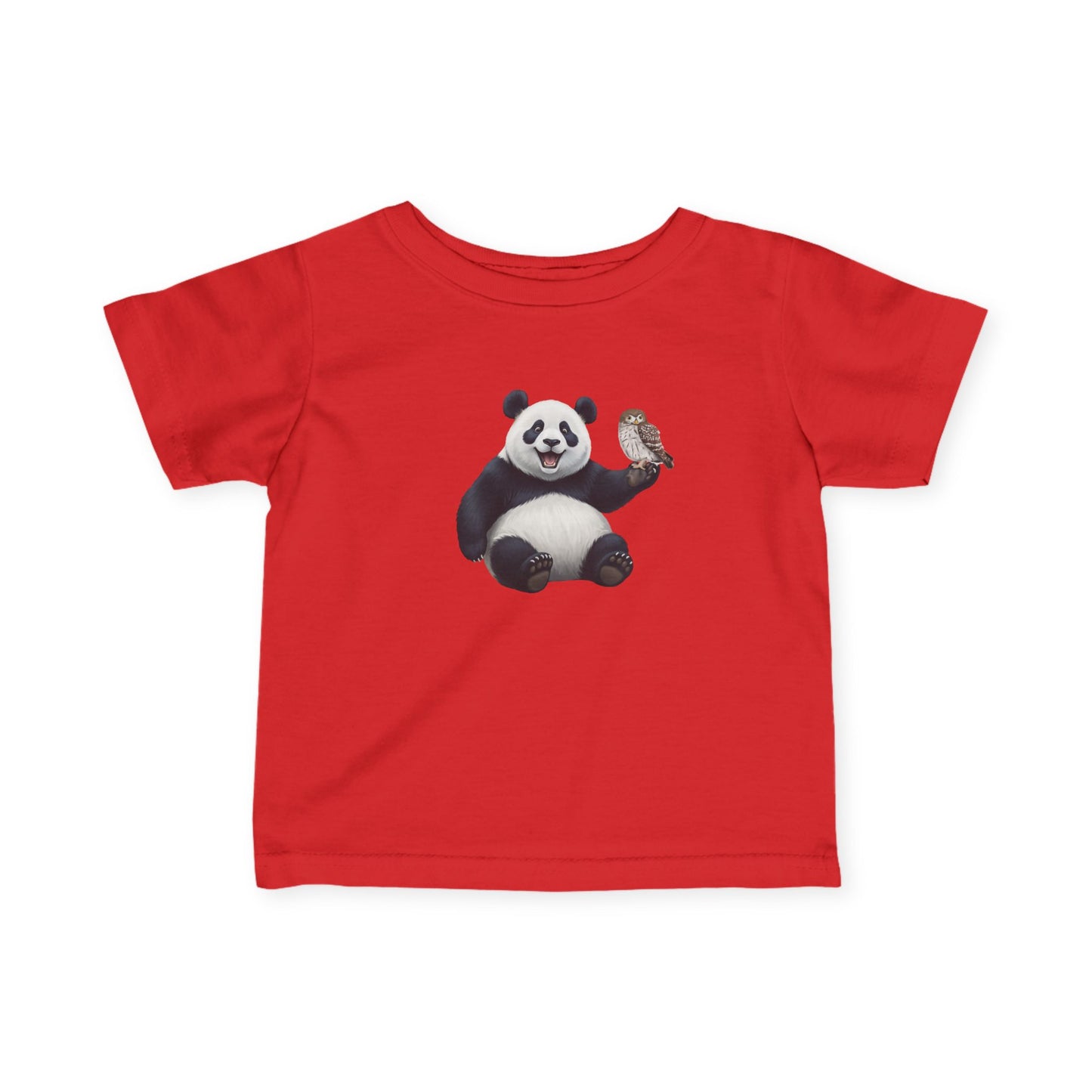Fröhlicher Panda mit Eule Vogel Tiermotiv T-Shirt für Babys und Kleinkinder