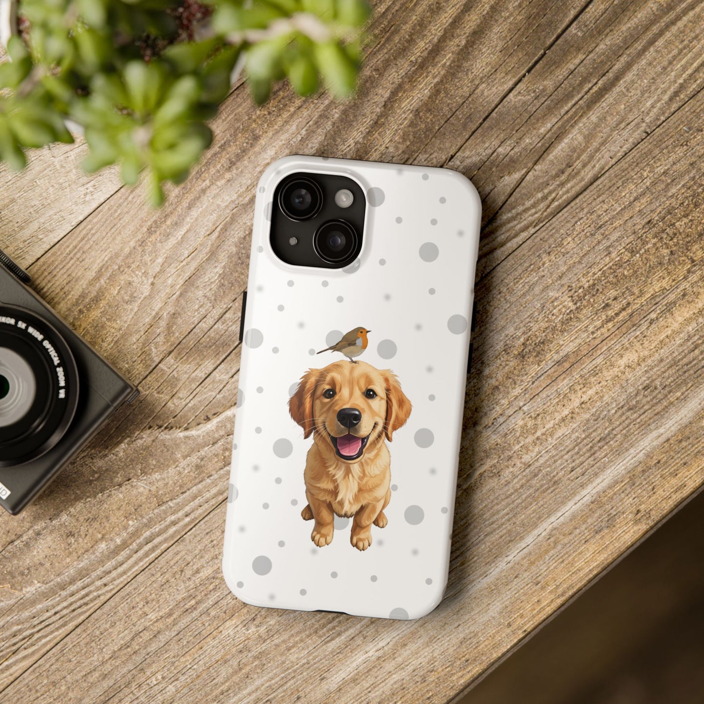 Cute Golden Retriever with European Robin Animal iPhone Case - Dual-Layer PC/TPU Protective Cover for iPhone