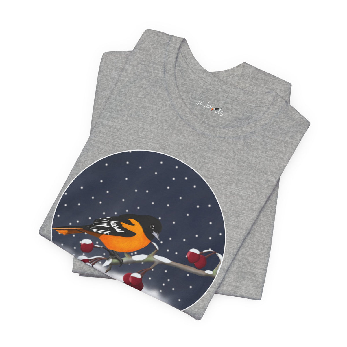 Baltimore Oriole on a Winter Branch Birdwatcher Christmas Bird T-Shirt