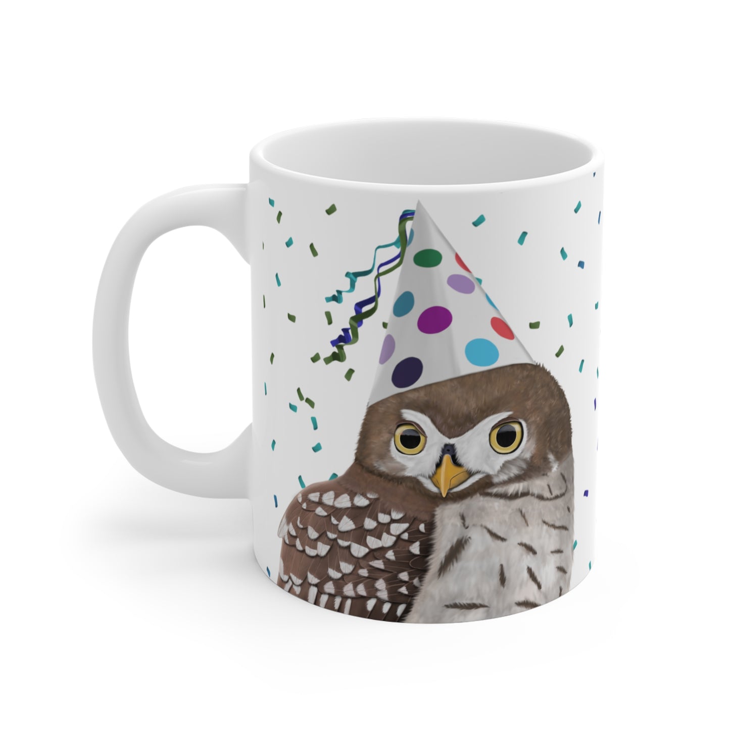 Eule feiert Geburtstag mit Partyhut und Konfetti Vogel Tasse