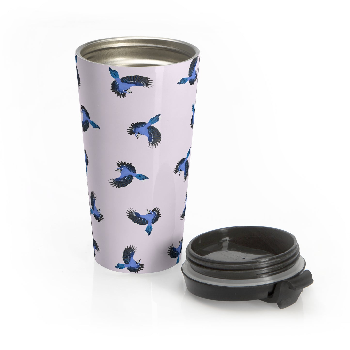 Blue Jay All Over Pattern Travel Tumbler Light Pink | 15oz Birdwatching Coffee Mug –