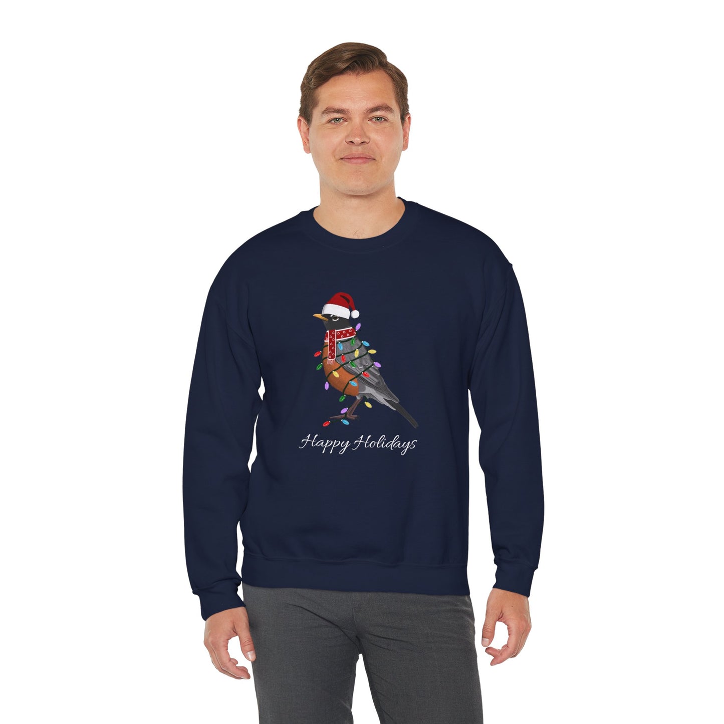 Robin with Fairy Lights as Santa Happy Holidays Birdwatcher Christmas Bird Sweatshirt