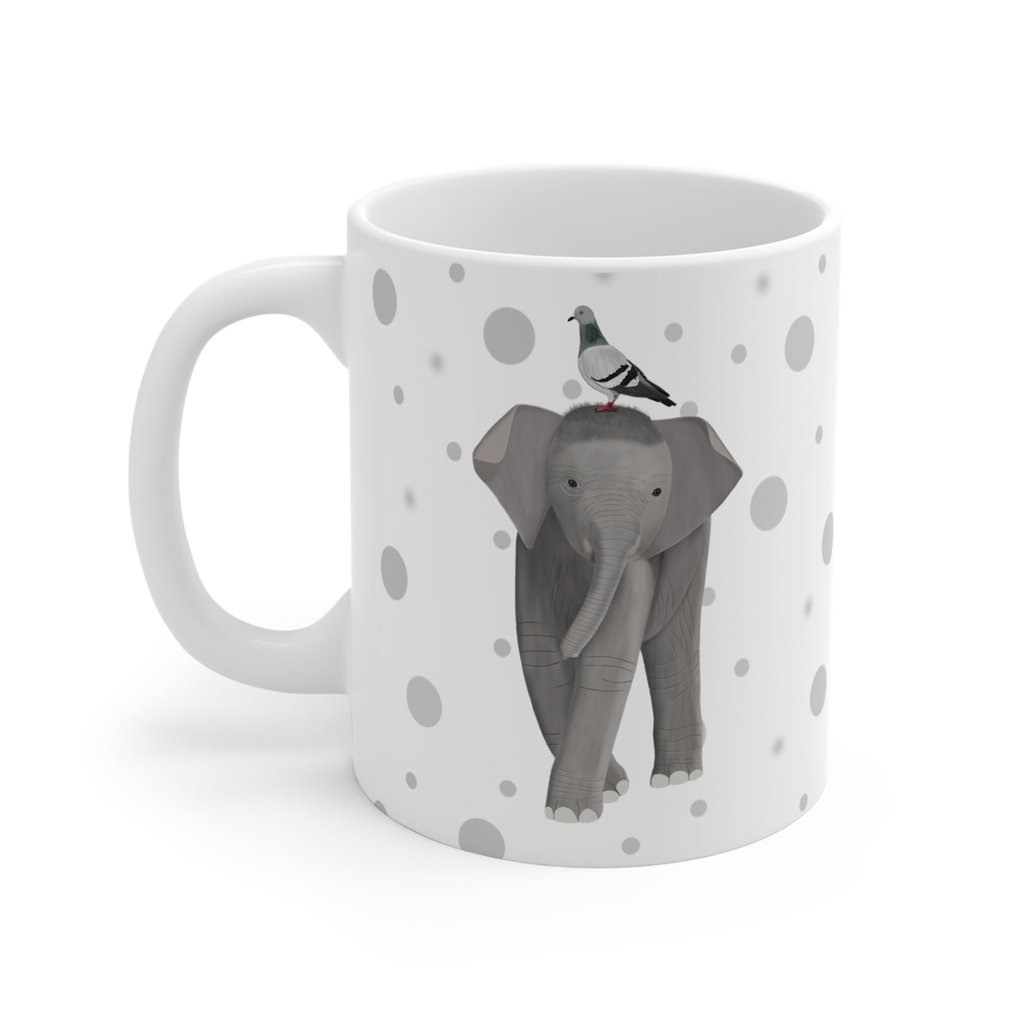 Taube auf einem Elefanten Vogel Tasse Punkte Grau