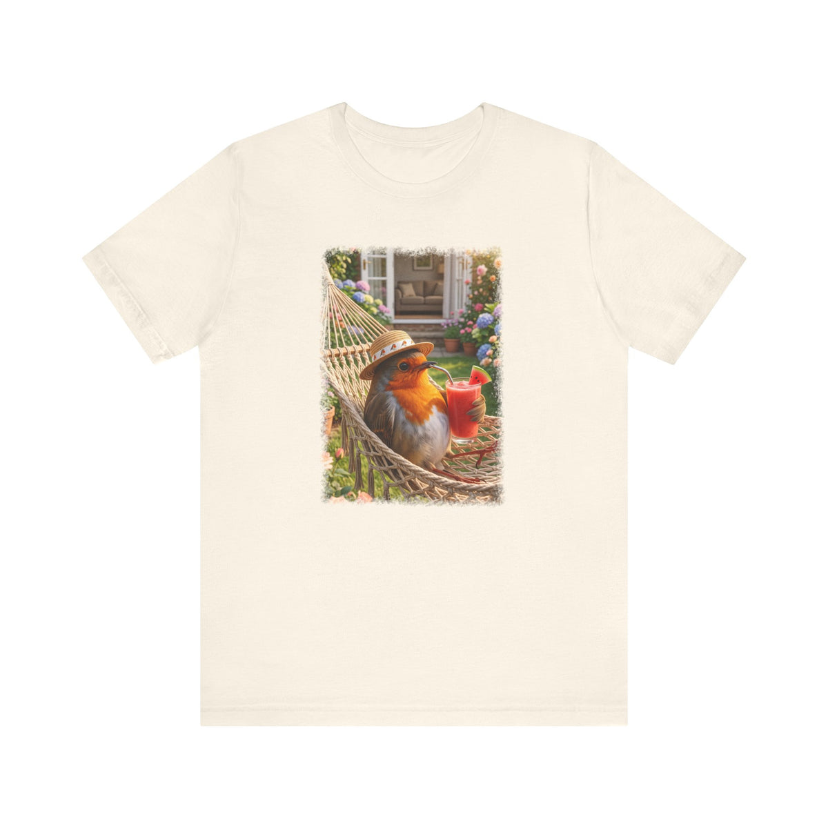 T-Shirt mit Rosi Rotkehlchen Motiv in der Hängematte für Vogelfreunde