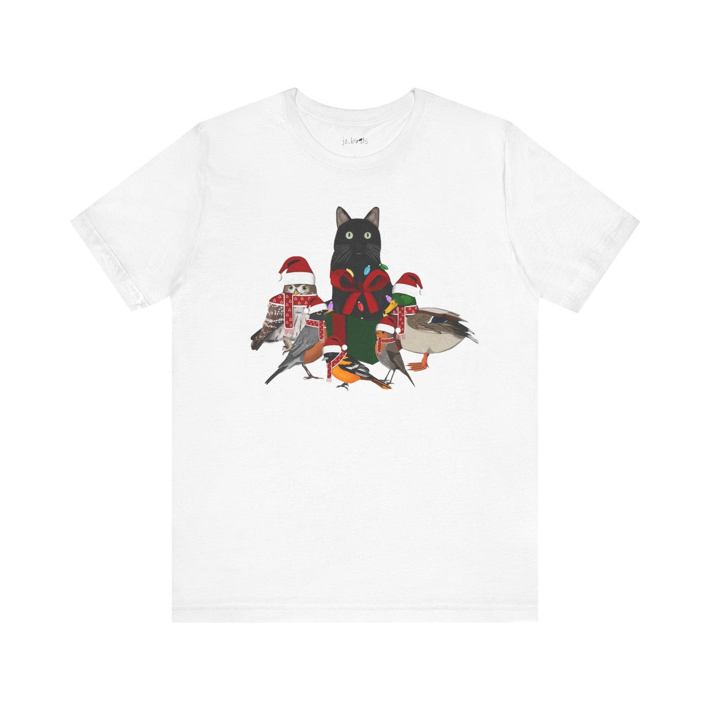 Robin Mallard Oriole Owl with Cat in a Box and Fairy Lights Christmas Bird T-Shirt