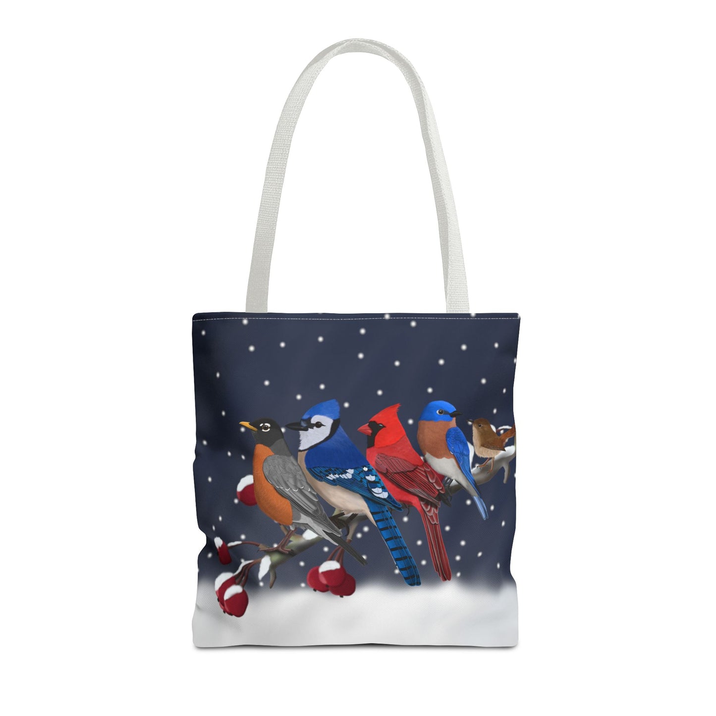 Robin Blue Jay Cardinal Bluebird Wren on a Winter Branch Christmas Bird Tote Bag 16"x16"
